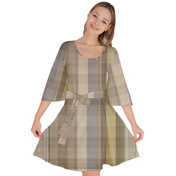 Beige Tan Madras Plaid Velour Kimono Dress