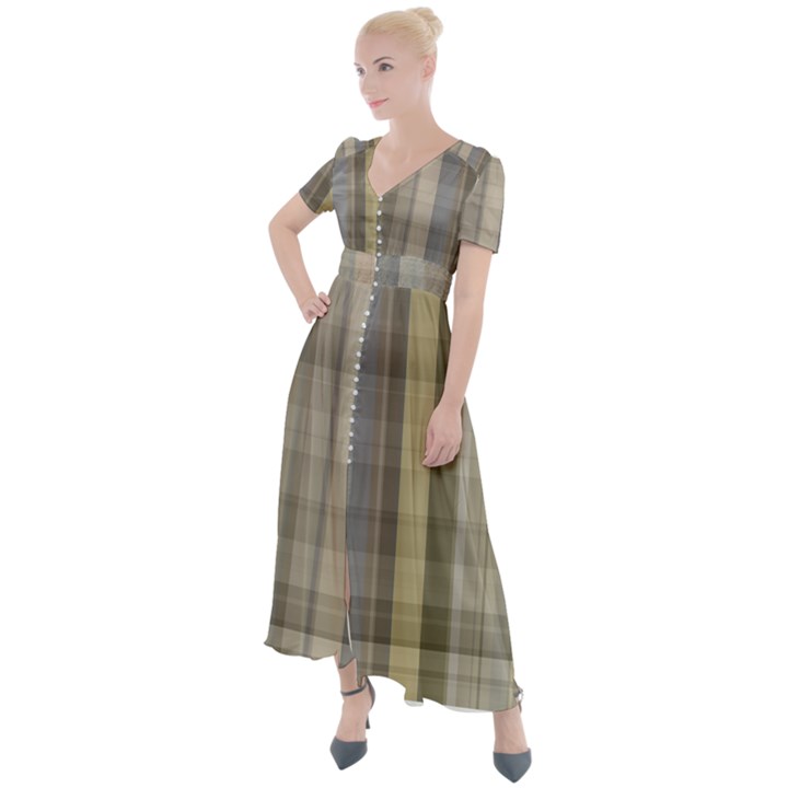 Beige Tan Madras Plaid Button Up Short Sleeve Maxi Dress