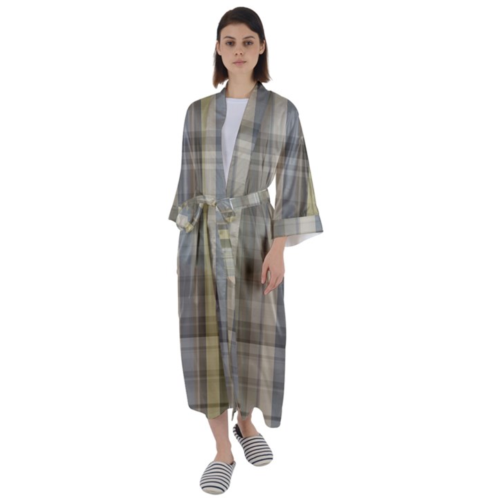 Beige Tan Madras Plaid Maxi Satin Kimono