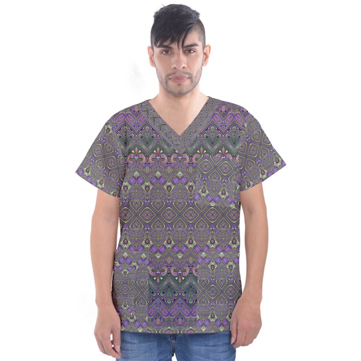 Boho Hearts and Flowers Men s V-Neck Scrub Top