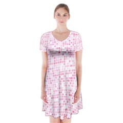 Pink And White Checkered Short Sleeve V-neck Flare Dress by SpinnyChairDesigns