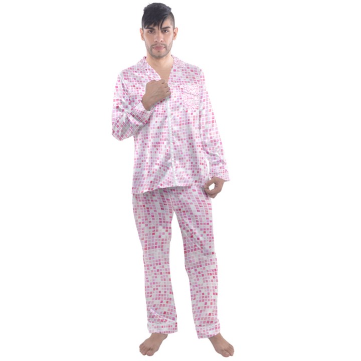 Pink and White Checkered Men s Long Sleeve Satin Pyjamas Set