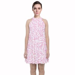 Pink And White Checkered Velvet Halter Neckline Dress 