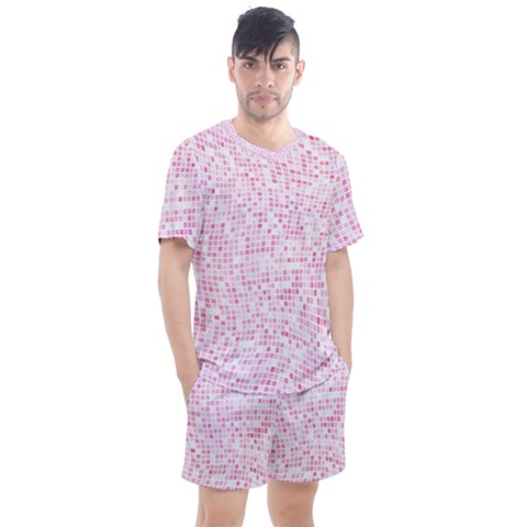 Pink And White Checkered Men s Mesh Tee And Shorts Set by SpinnyChairDesigns