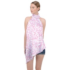 Pink And White Checkered Halter Asymmetric Satin Top by SpinnyChairDesigns