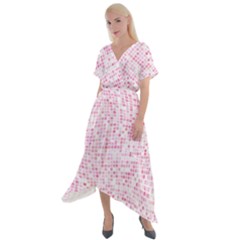 Pink And White Checkered Cross Front Sharkbite Hem Maxi Dress by SpinnyChairDesigns