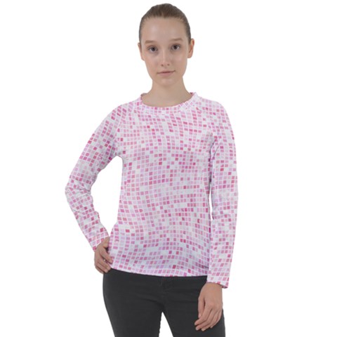 Pink And White Checkered Women s Long Sleeve Raglan Tee by SpinnyChairDesigns