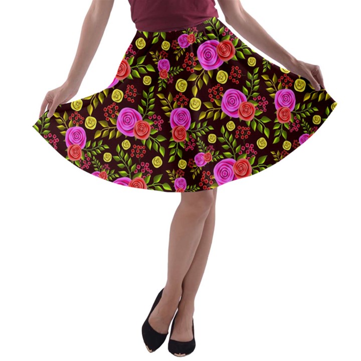 Background Rose Wallpaper A-line Skater Skirt