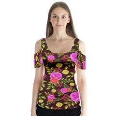 Background Rose Wallpaper Butterfly Sleeve Cutout Tee 