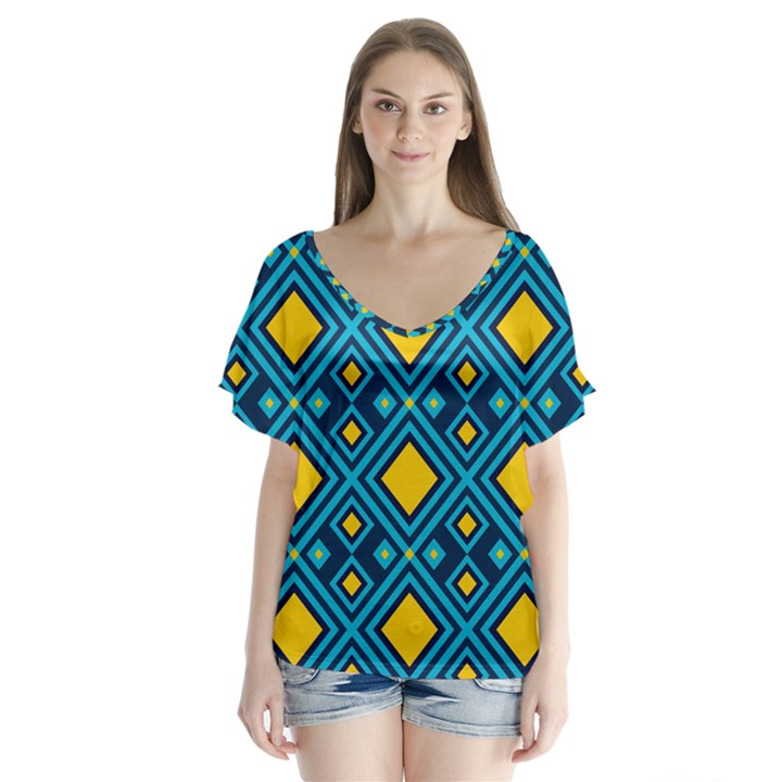 Geometric Abstract Diamond V-Neck Flutter Sleeve Top