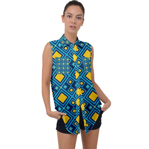 Geometric Abstract Diamond Sleeveless Chiffon Button Shirt by tmsartbazaar