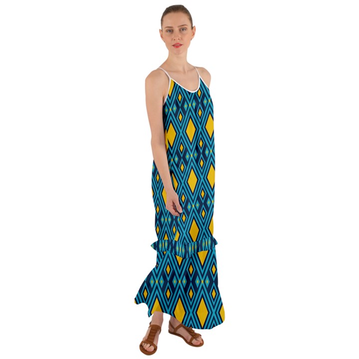 Geometric Abstract Diamond Cami Maxi Ruffle Chiffon Dress