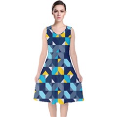 Geometric Hypnotic Shapes V-neck Midi Sleeveless Dress  by tmsartbazaar