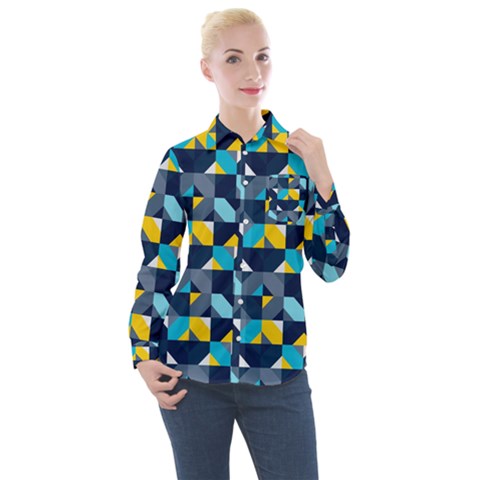 Geometric Hypnotic Shapes Women s Long Sleeve Pocket Shirt by tmsartbazaar