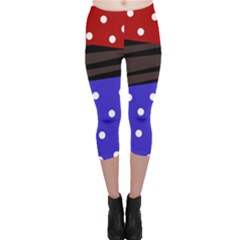 Mixed Polka Dots And Lines Pattern, Blue, Red, Brown Capri Leggings  by Casemiro