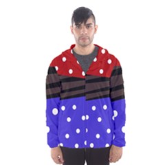 Mixed Polka Dots And Lines Pattern, Blue, Red, Brown Men s Hooded Windbreaker by Casemiro