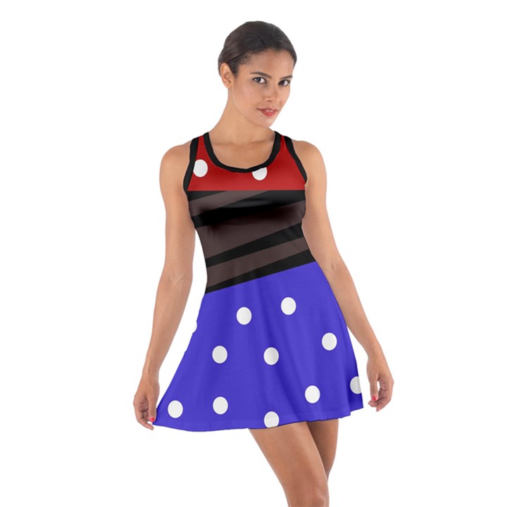 Mixed polka dots and lines pattern, blue, red, brown Cotton Racerback Dress