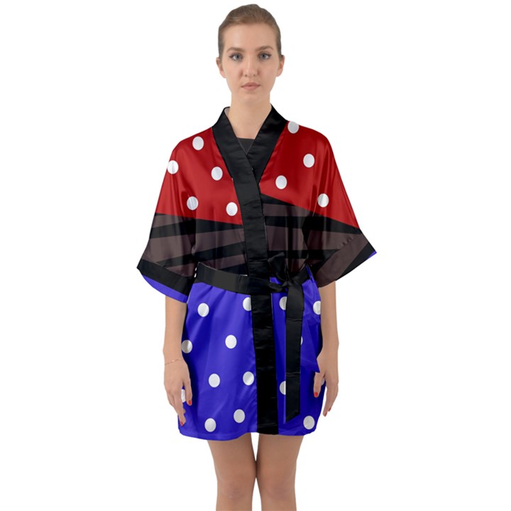 Mixed polka dots and lines pattern, blue, red, brown Half Sleeve Satin Kimono 