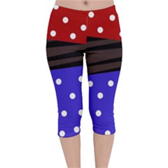 Mixed Polka Dots And Lines Pattern, Blue, Red, Brown Velvet Capri Leggings  by Casemiro