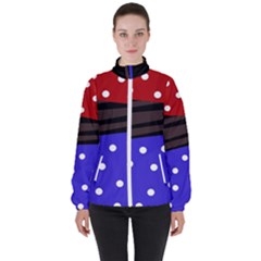 Mixed Polka Dots And Lines Pattern, Blue, Red, Brown Women s High Neck Windbreaker by Casemiro