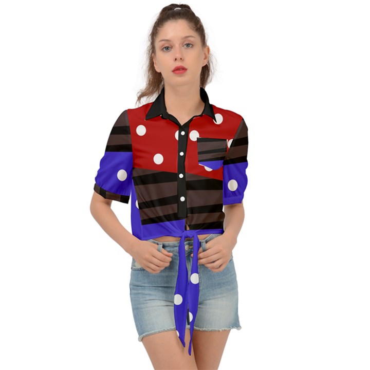 Mixed polka dots and lines pattern, blue, red, brown Tie Front Shirt 