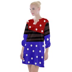 Mixed Polka Dots And Lines Pattern, Blue, Red, Brown Open Neck Shift Dress by Casemiro