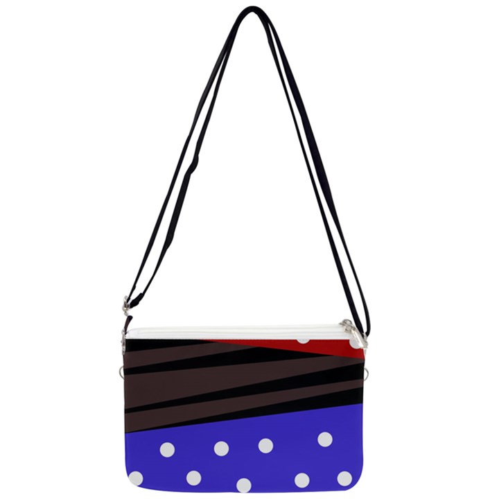 Mixed polka dots and lines pattern, blue, red, brown Double Gusset Crossbody Bag