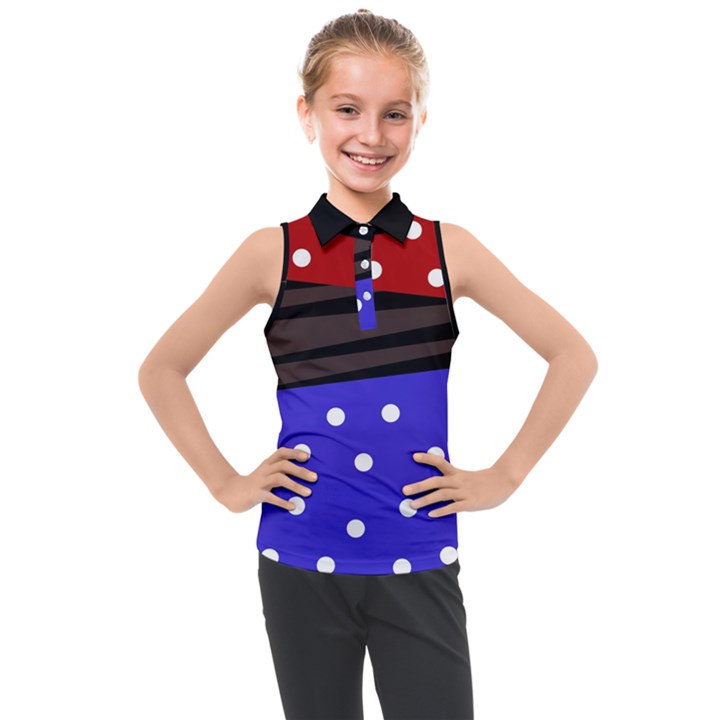 Mixed polka dots and lines pattern, blue, red, brown Kids  Sleeveless Polo Tee