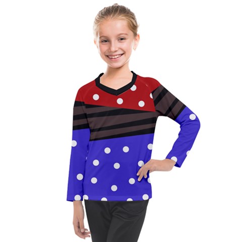 Mixed Polka Dots And Lines Pattern, Blue, Red, Brown Kids  Long Mesh Tee by Casemiro