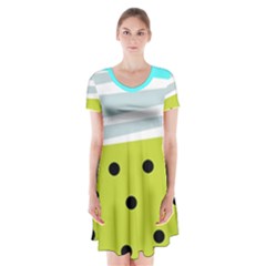 Mixed Polka Dots And Lines Pattern, Blue, Yellow, Silver, White Colors Short Sleeve V-neck Flare Dress by Casemiro