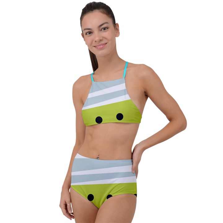 Mixed polka dots and lines pattern, blue, yellow, silver, white colors High Waist Tankini Set