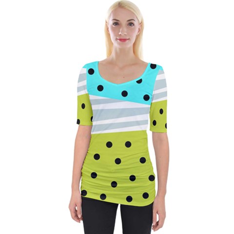 Mixed Polka Dots And Lines Pattern, Blue, Yellow, Silver, White Colors Wide Neckline Tee by Casemiro