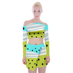 Mixed Polka Dots And Lines Pattern, Blue, Yellow, Silver, White Colors Off Shoulder Top With Mini Skirt Set by Casemiro