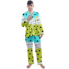 Mixed Polka Dots And Lines Pattern, Blue, Yellow, Silver, White Colors Men s Long Sleeve Satin Pyjamas Set by Casemiro