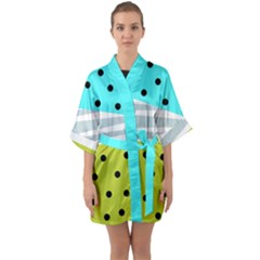 Mixed Polka Dots And Lines Pattern, Blue, Yellow, Silver, White Colors Half Sleeve Satin Kimono  by Casemiro