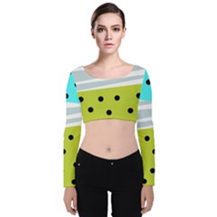 Mixed Polka Dots And Lines Pattern, Blue, Yellow, Silver, White Colors Velvet Long Sleeve Crop Top by Casemiro