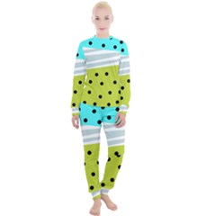 Mixed Polka Dots And Lines Pattern, Blue, Yellow, Silver, White Colors Women s Lounge Set by Casemiro