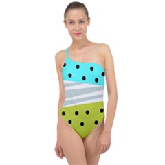 Mixed Polka Dots And Lines Pattern, Blue, Yellow, Silver, White Colors Classic One Shoulder Swimsuit by Casemiro