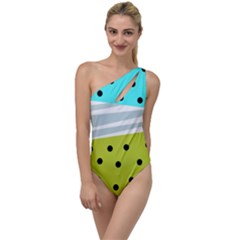 Mixed Polka Dots And Lines Pattern, Blue, Yellow, Silver, White Colors To One Side Swimsuit by Casemiro