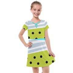 Mixed Polka Dots And Lines Pattern, Blue, Yellow, Silver, White Colors Kids  Cross Web Dress by Casemiro