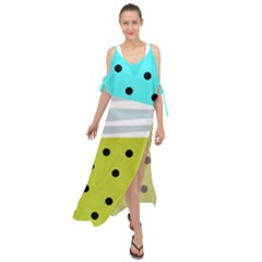 Mixed Polka Dots And Lines Pattern, Blue, Yellow, Silver, White Colors Maxi Chiffon Cover Up Dress by Casemiro