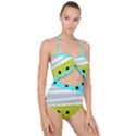 Mixed polka dots and lines pattern, blue, yellow, silver, white colors Scallop Top Cut Out Swimsuit View1