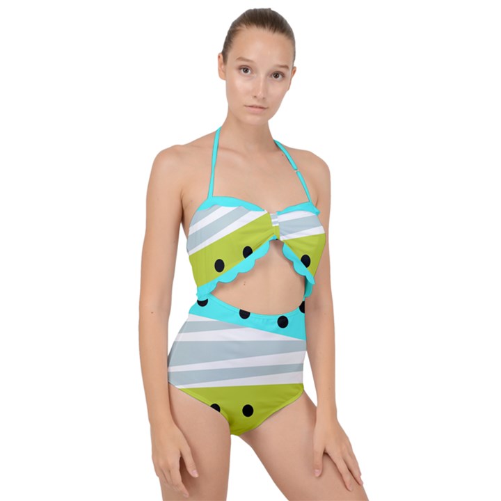 Mixed polka dots and lines pattern, blue, yellow, silver, white colors Scallop Top Cut Out Swimsuit