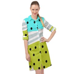 Mixed Polka Dots And Lines Pattern, Blue, Yellow, Silver, White Colors Long Sleeve Mini Shirt Dress by Casemiro