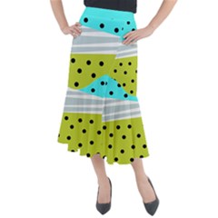 Mixed Polka Dots And Lines Pattern, Blue, Yellow, Silver, White Colors Midi Mermaid Skirt by Casemiro