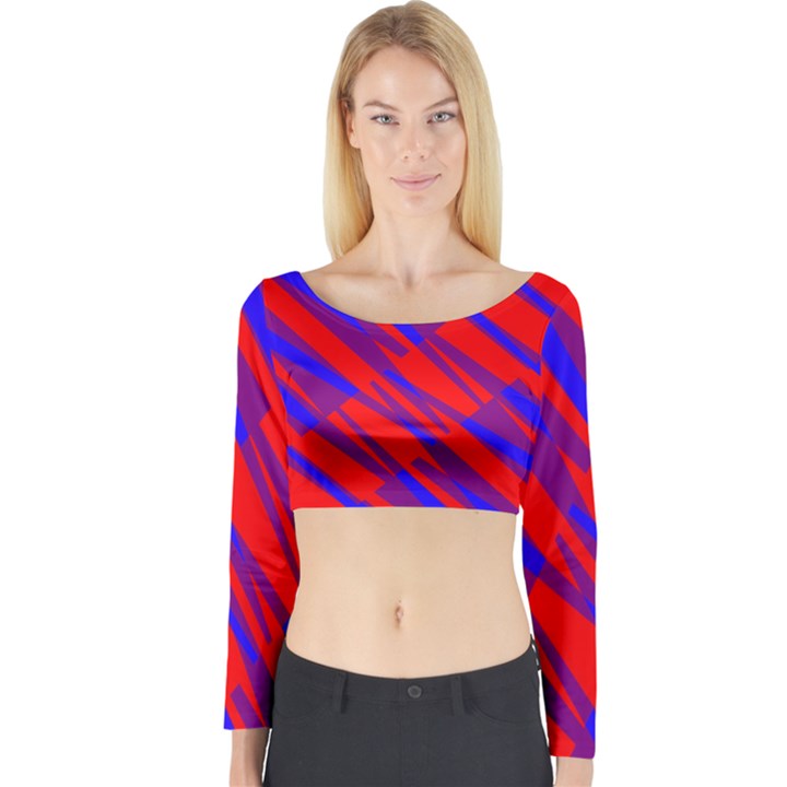 Geometric blocks, blue and red triangles, abstract pattern Long Sleeve Crop Top