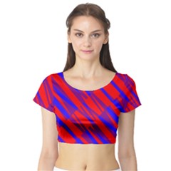 Geometric Blocks, Blue And Red Triangles, Abstract Pattern Short Sleeve Crop Top by Casemiro