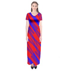 Geometric Blocks, Blue And Red Triangles, Abstract Pattern Short Sleeve Maxi Dress by Casemiro