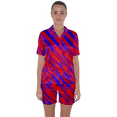 Geometric Blocks, Blue And Red Triangles, Abstract Pattern Satin Short Sleeve Pyjamas Set by Casemiro