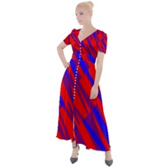 Geometric Blocks, Blue And Red Triangles, Abstract Pattern Button Up Short Sleeve Maxi Dress by Casemiro